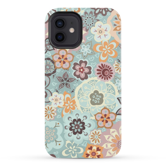 iPhone 12 mini StrongFit Beautiful Bouquet of Blooms-Blue and Pink by Paula Ohreen