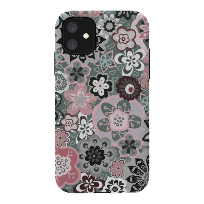 iPhone 11 StrongFit Beautiful Bouquet of Blooms-Dark Grey and Pink by Paula Ohreen