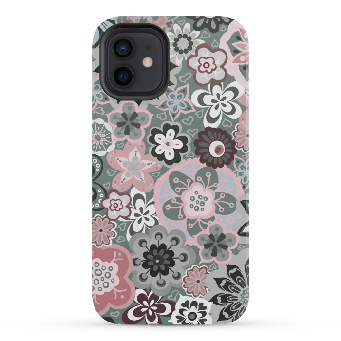 iPhone 12 mini StrongFit Beautiful Bouquet of Blooms-Dark Grey and Pink by Paula Ohreen