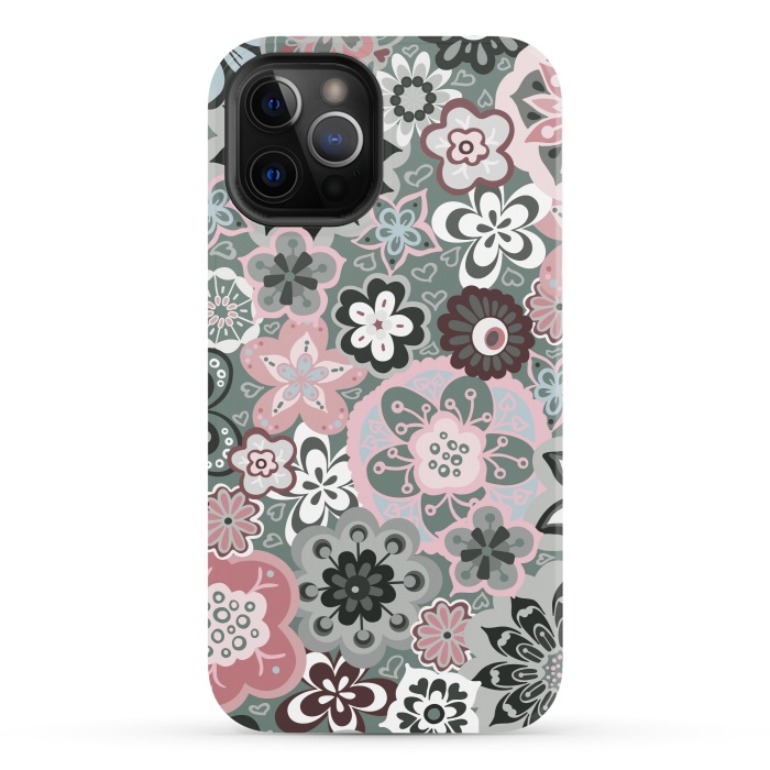 iPhone 12 Pro StrongFit Beautiful Bouquet of Blooms-Dark Grey and Pink by Paula Ohreen