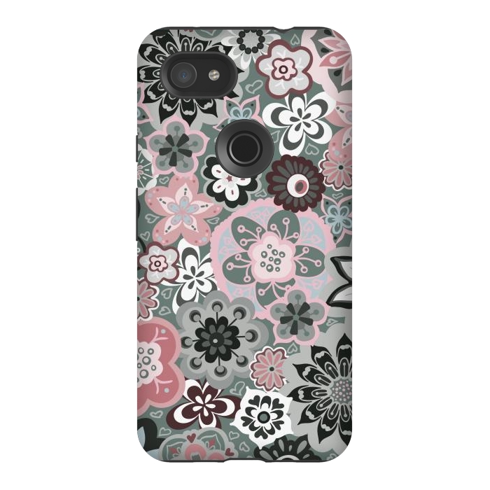 Pixel 3AXL StrongFit Beautiful Bouquet of Blooms-Dark Grey and Pink by Paula Ohreen