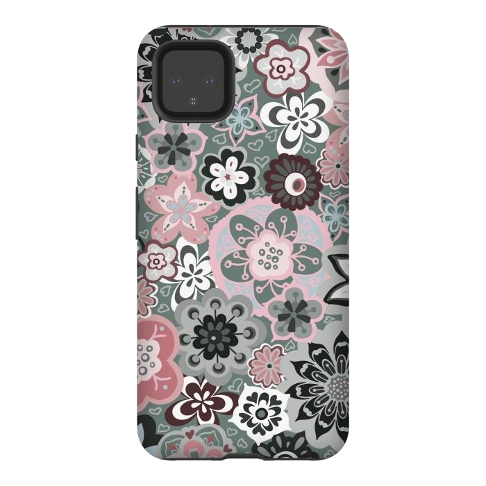 Pixel 4XL StrongFit Beautiful Bouquet of Blooms-Dark Grey and Pink by Paula Ohreen