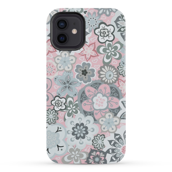 iPhone 12 mini StrongFit Beautiful Bouquet of Blooms-Light grey and pink by Paula Ohreen