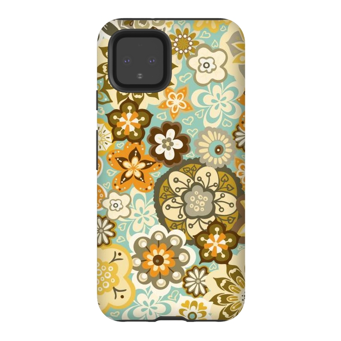 Pixel 4 StrongFit Bouquet of Blooms-Blue and Orange by Paula Ohreen