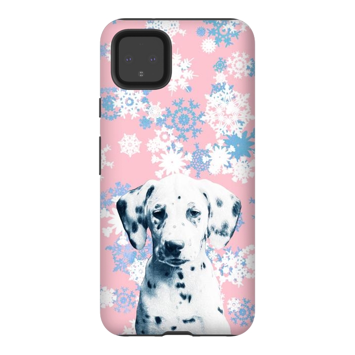 Pixel 4XL StrongFit Pink blue dalmatian and snowflakes by Oana 
