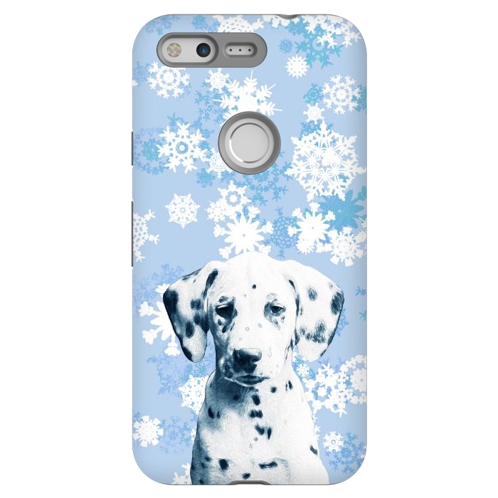 Pixel StrongFit Cute dalmatian and blue white snowflakes by Oana 