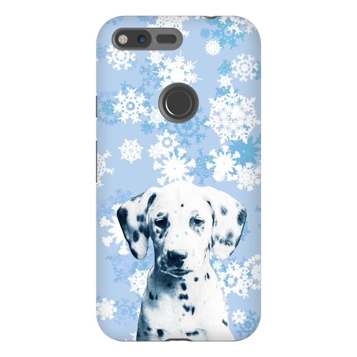 Pixel XL StrongFit Cute dalmatian and blue white snowflakes by Oana 