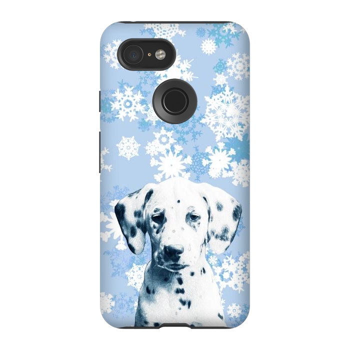 Pixel 3 StrongFit Cute dalmatian and blue white snowflakes by Oana 