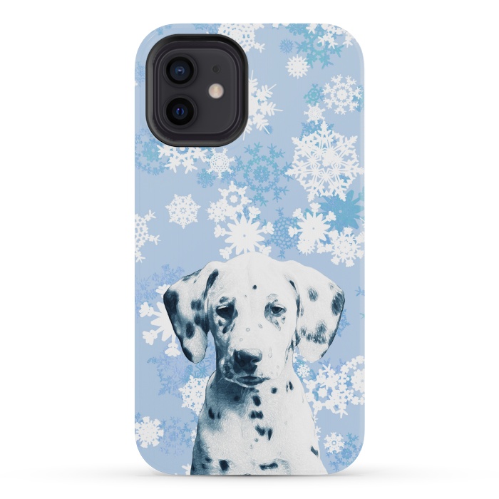 iPhone 12 mini StrongFit Cute dalmatian and blue white snowflakes by Oana 