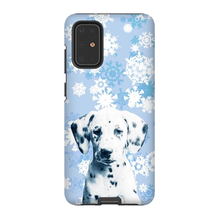 Galaxy S20 Plus StrongFit Cute dalmatian and blue white snowflakes by Oana 