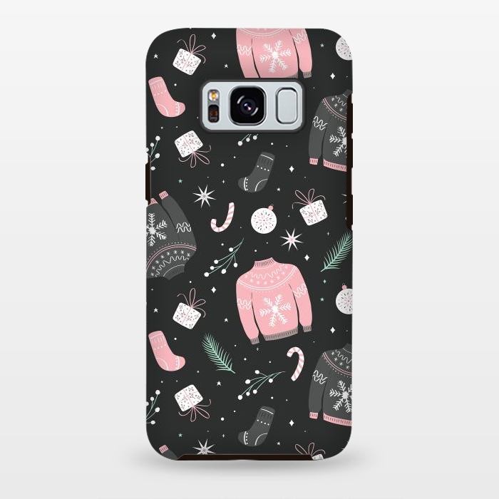 Galaxy S8 plus StrongFit Christmas seamless pattern with ugly sweater. Woolen winter clothes and traditional festive elements and decoration, gray by Jelena Obradovic