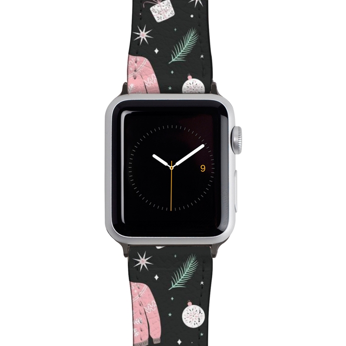 Watch 42mm / 44mm Strap PU leather Christmas seamless pattern with ugly sweater. Woolen winter clothes and traditional festive elements and decoration, gray by Jelena Obradovic