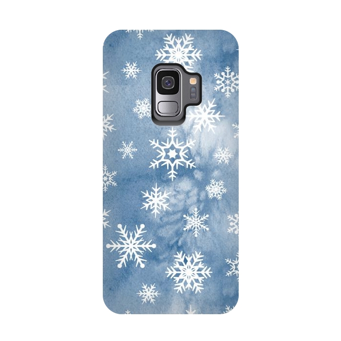 Galaxy S9 StrongFit Blue white watercolor Christmas snowflakes by Oana 