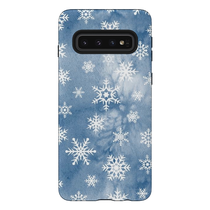 Galaxy S10 StrongFit Blue white watercolor Christmas snowflakes by Oana 