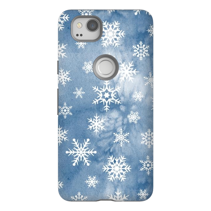 Pixel 2 StrongFit Blue white watercolor Christmas snowflakes by Oana 