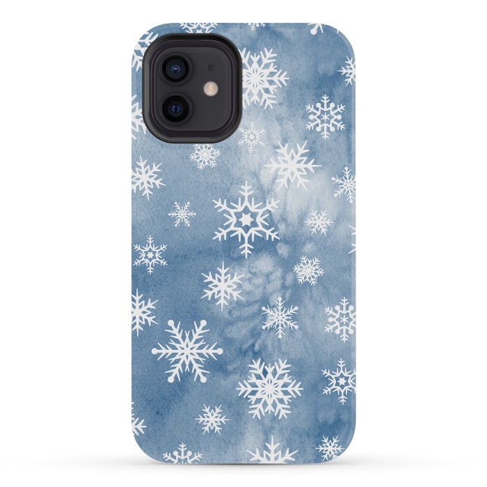 iPhone 12 mini StrongFit Blue white watercolor Christmas snowflakes by Oana 