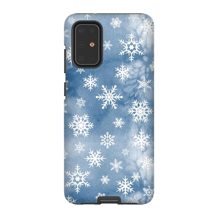 Galaxy S20 Plus StrongFit Blue white watercolor Christmas snowflakes by Oana 