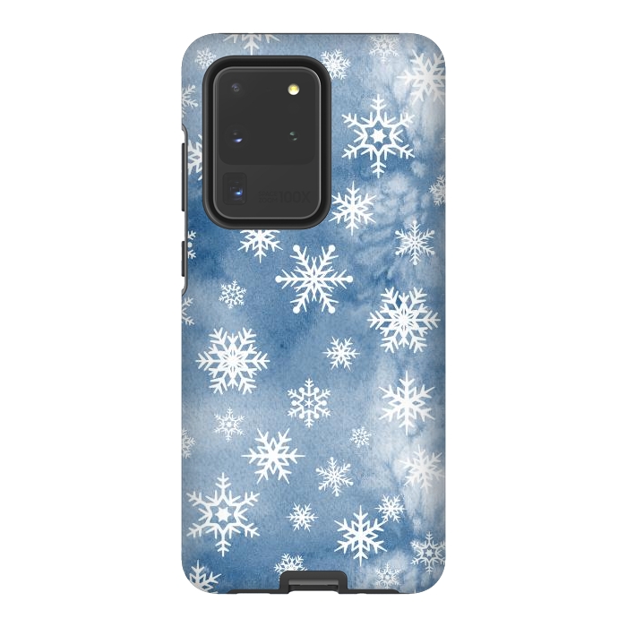 Galaxy S20 Ultra StrongFit Blue white watercolor Christmas snowflakes by Oana 