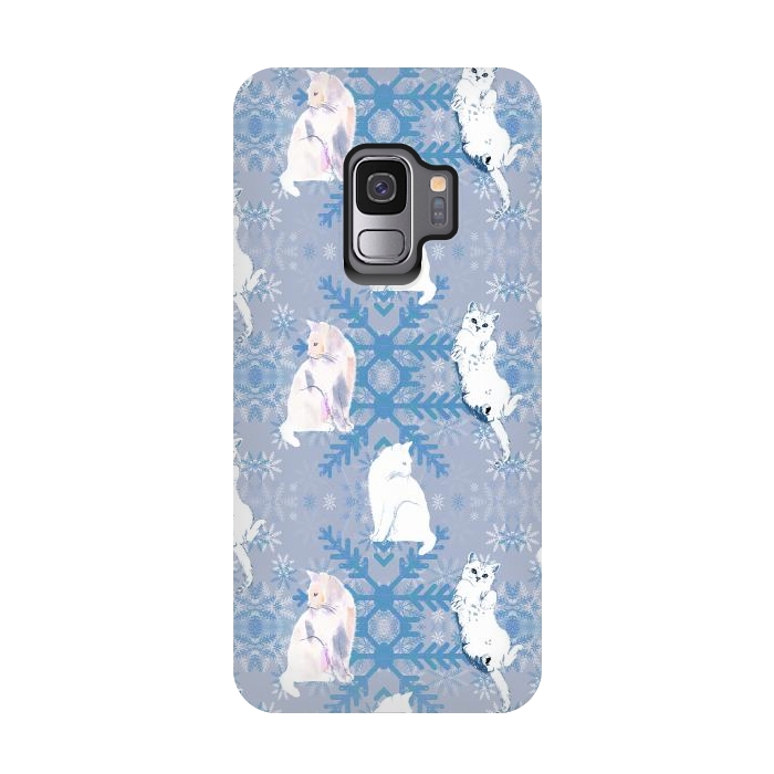 Galaxy S9 StrongFit Cute white cats and blue Christmas snowflakes by Oana 