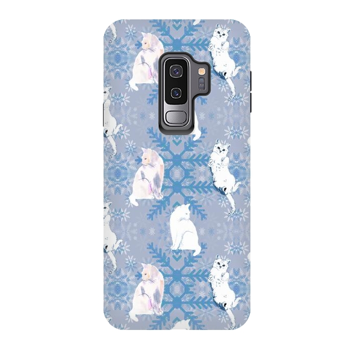Galaxy S9 plus StrongFit Cute white cats and blue Christmas snowflakes by Oana 