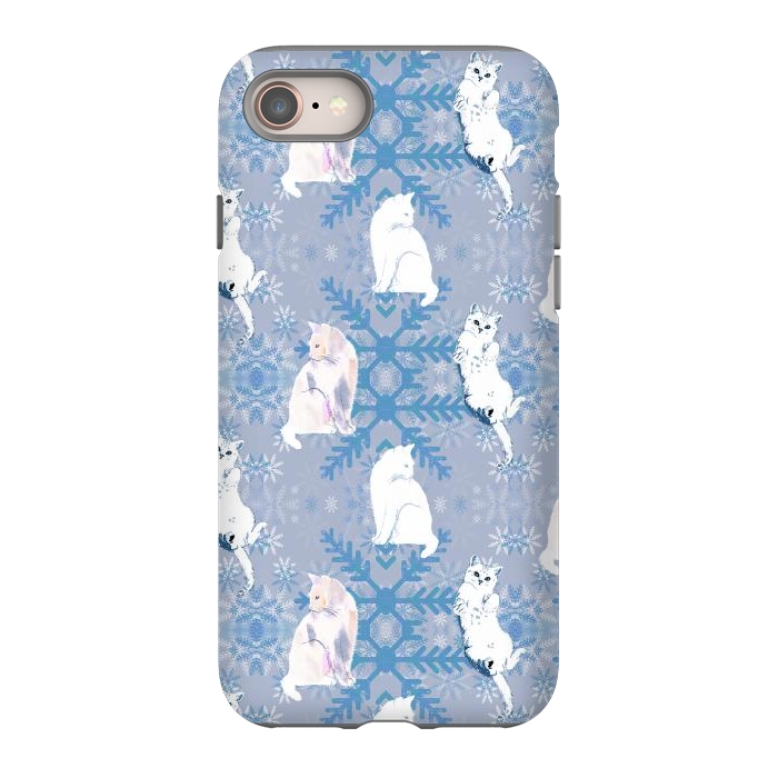 iPhone 8 StrongFit Cute white cats and blue Christmas snowflakes by Oana 
