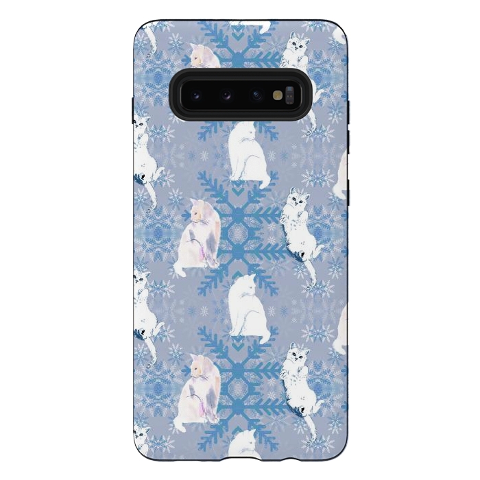 Galaxy S10 plus StrongFit Cute white cats and blue Christmas snowflakes by Oana 