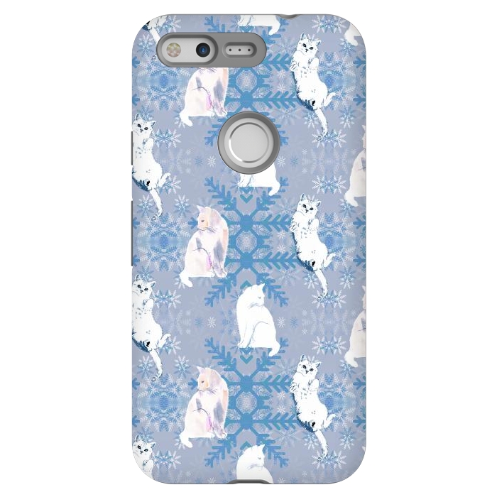 Pixel StrongFit Cute white cats and blue Christmas snowflakes by Oana 