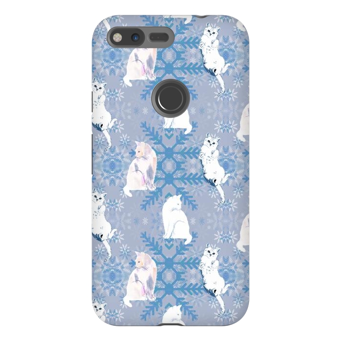 Pixel XL StrongFit Cute white cats and blue Christmas snowflakes by Oana 