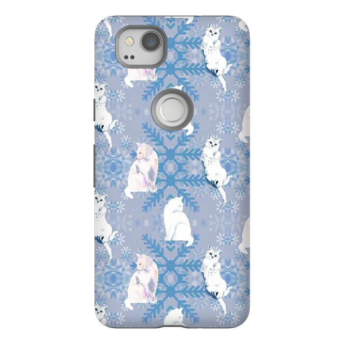 Pixel 2 StrongFit Cute white cats and blue Christmas snowflakes by Oana 
