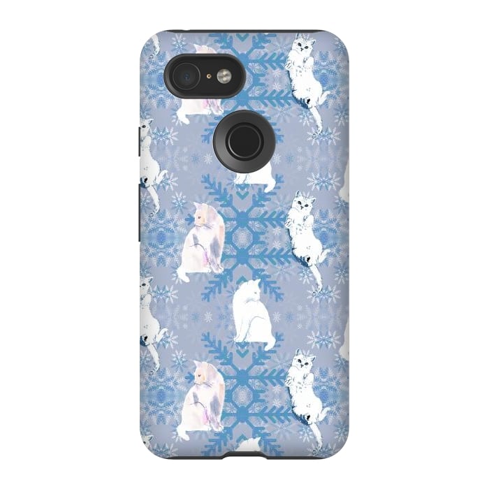 Pixel 3 StrongFit Cute white cats and blue Christmas snowflakes by Oana 