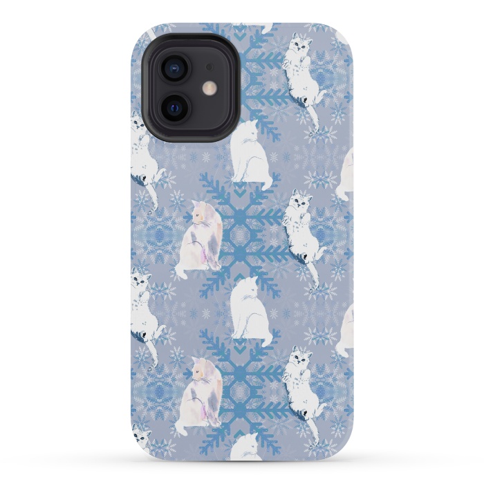 iPhone 12 mini StrongFit Cute white cats and blue Christmas snowflakes by Oana 