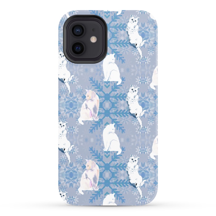 iPhone 12 StrongFit Cute white cats and blue Christmas snowflakes por Oana 