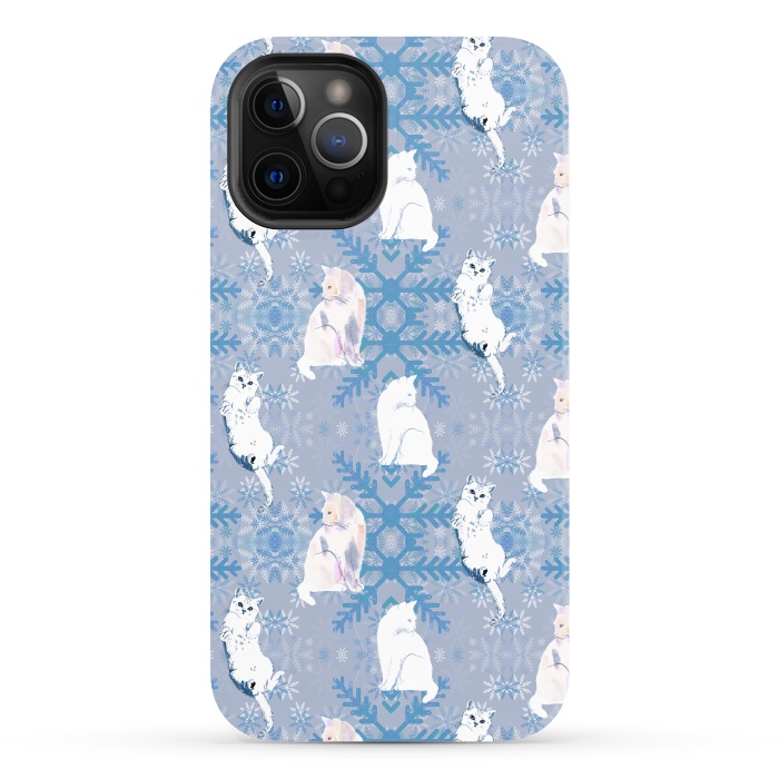 iPhone 12 Pro Max StrongFit Cute white cats and blue Christmas snowflakes by Oana 