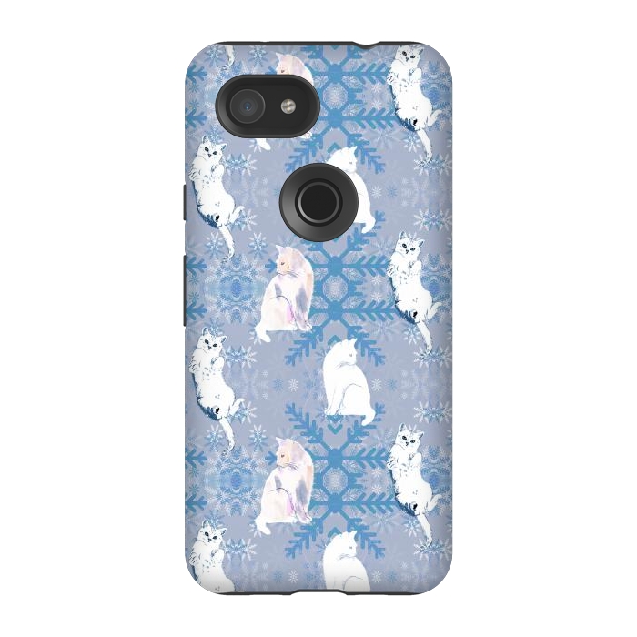 Pixel 3A StrongFit Cute white cats and blue Christmas snowflakes by Oana 