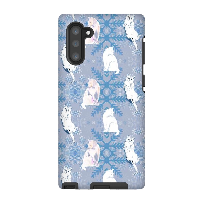 Galaxy Note 10 StrongFit Cute white cats and blue Christmas snowflakes by Oana 