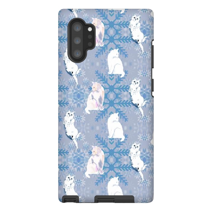 Galaxy Note 10 plus StrongFit Cute white cats and blue Christmas snowflakes by Oana 