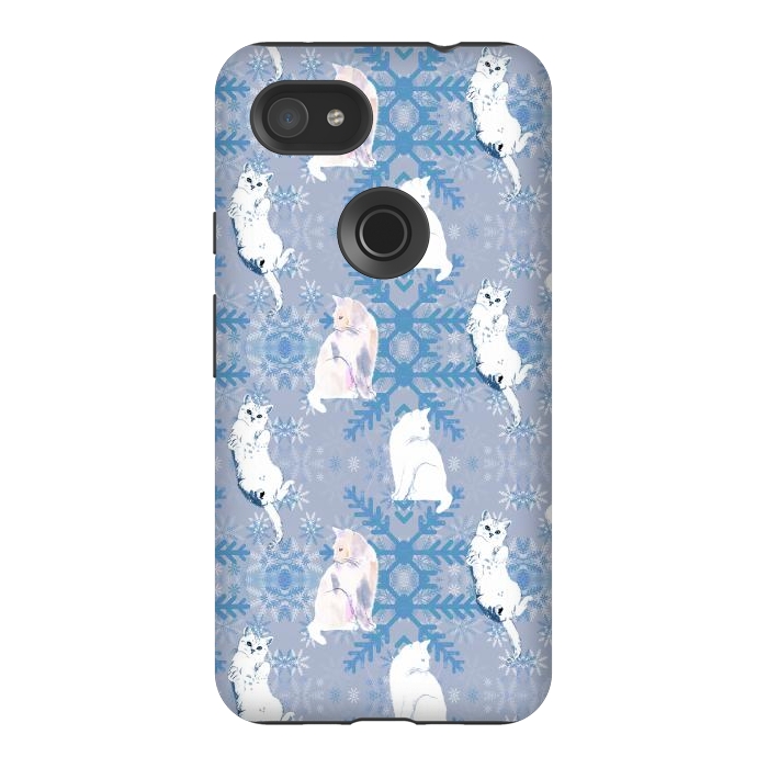 Pixel 3AXL StrongFit Cute white cats and blue Christmas snowflakes by Oana 