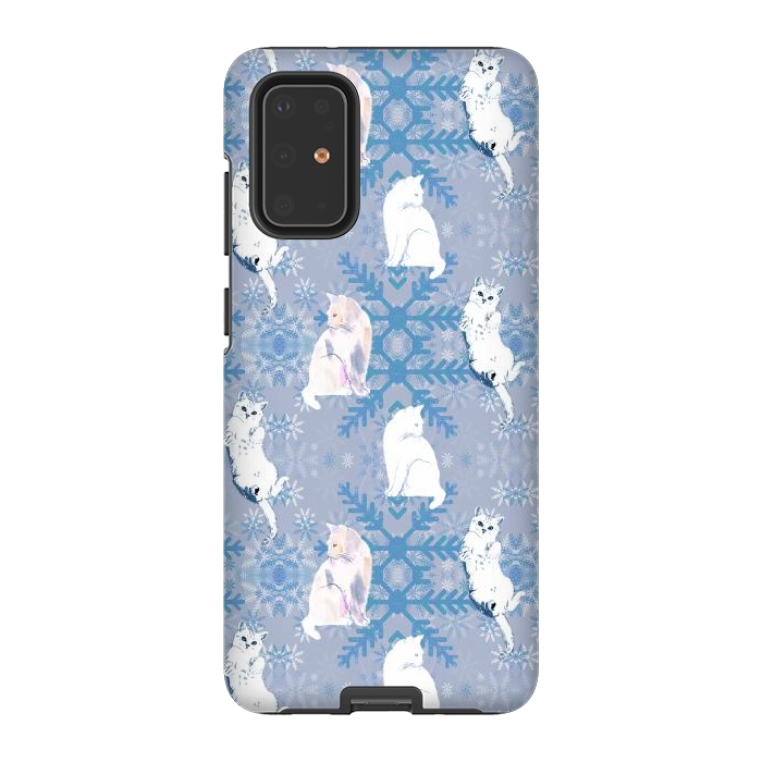 Galaxy S20 Plus StrongFit Cute white cats and blue Christmas snowflakes by Oana 