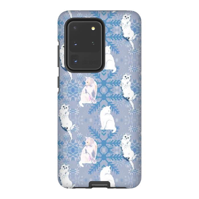 Galaxy S20 Ultra StrongFit Cute white cats and blue Christmas snowflakes by Oana 