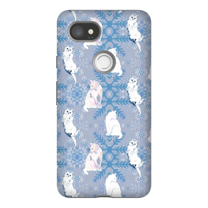 Pixel 2XL StrongFit Cute white cats and blue Christmas snowflakes by Oana 