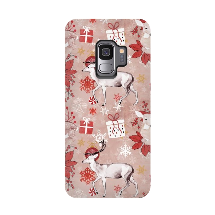 Galaxy S9 StrongFit Deers and Christmas ornaments red pink by Oana 