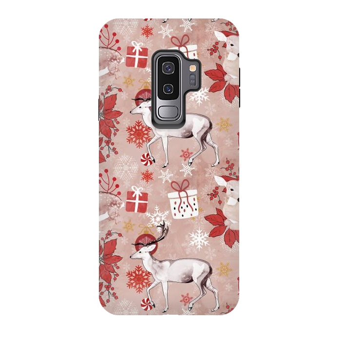 Galaxy S9 plus StrongFit Deers and Christmas ornaments red pink by Oana 