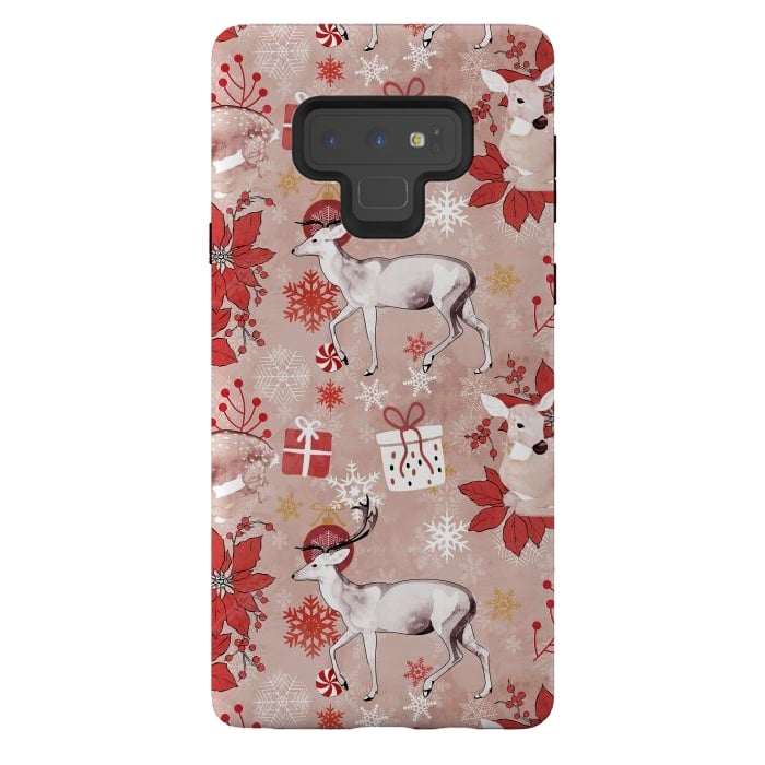 Galaxy Note 9 StrongFit Deers and Christmas ornaments red pink by Oana 