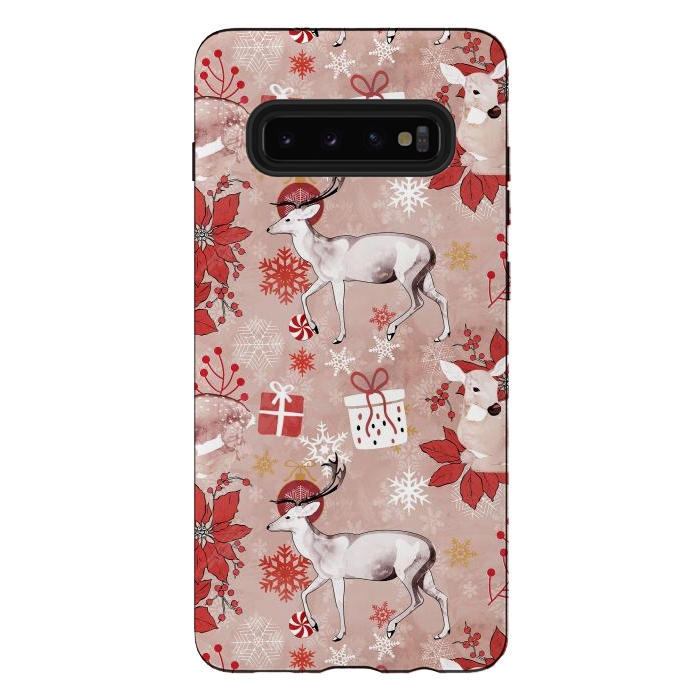Galaxy S10 plus StrongFit Deers and Christmas ornaments red pink by Oana 