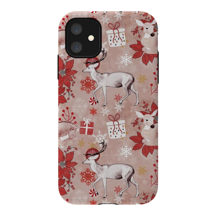 iPhone 11 StrongFit Deers and Christmas ornaments red pink by Oana 