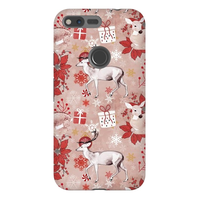Pixel XL StrongFit Deers and Christmas ornaments red pink by Oana 