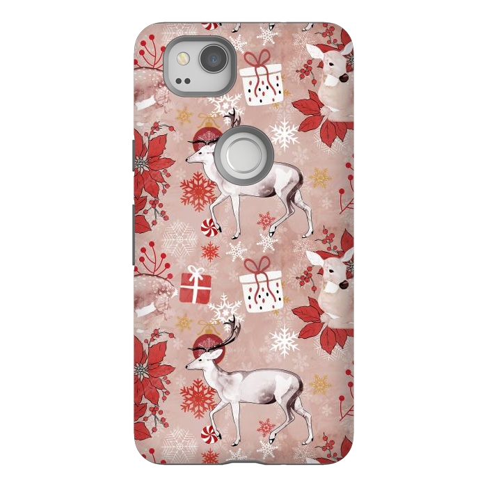 Pixel 2 StrongFit Deers and Christmas ornaments red pink by Oana 