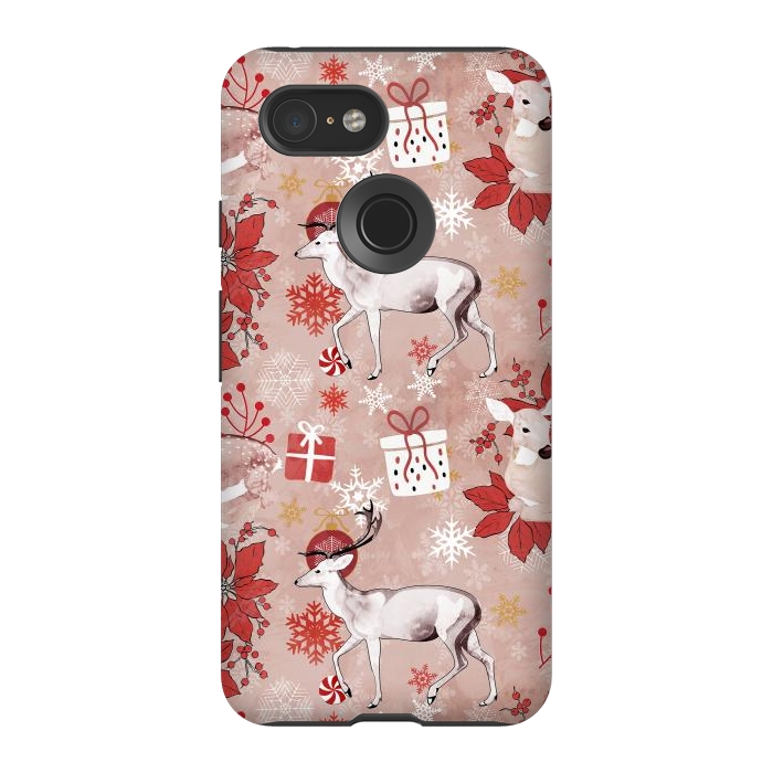 Pixel 3 StrongFit Deers and Christmas ornaments red pink by Oana 