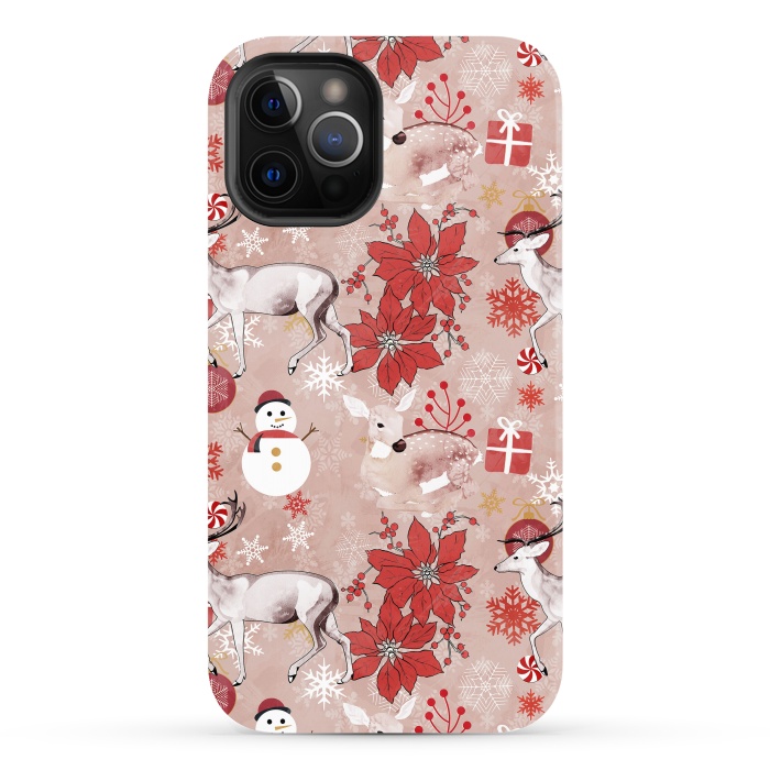 iPhone 12 Pro Max StrongFit Deers and Christmas ornaments red pink by Oana 