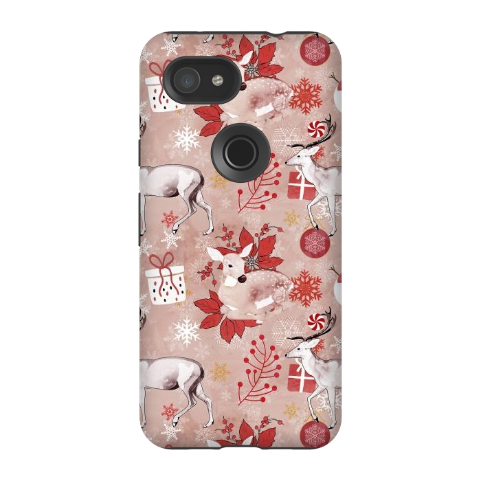 Pixel 3A StrongFit Deers and Christmas ornaments red pink by Oana 